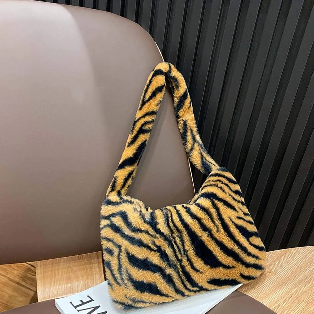 Fashion Animal Pattern Shoulder Underarm Bag Women Plush Top-handle Handbag