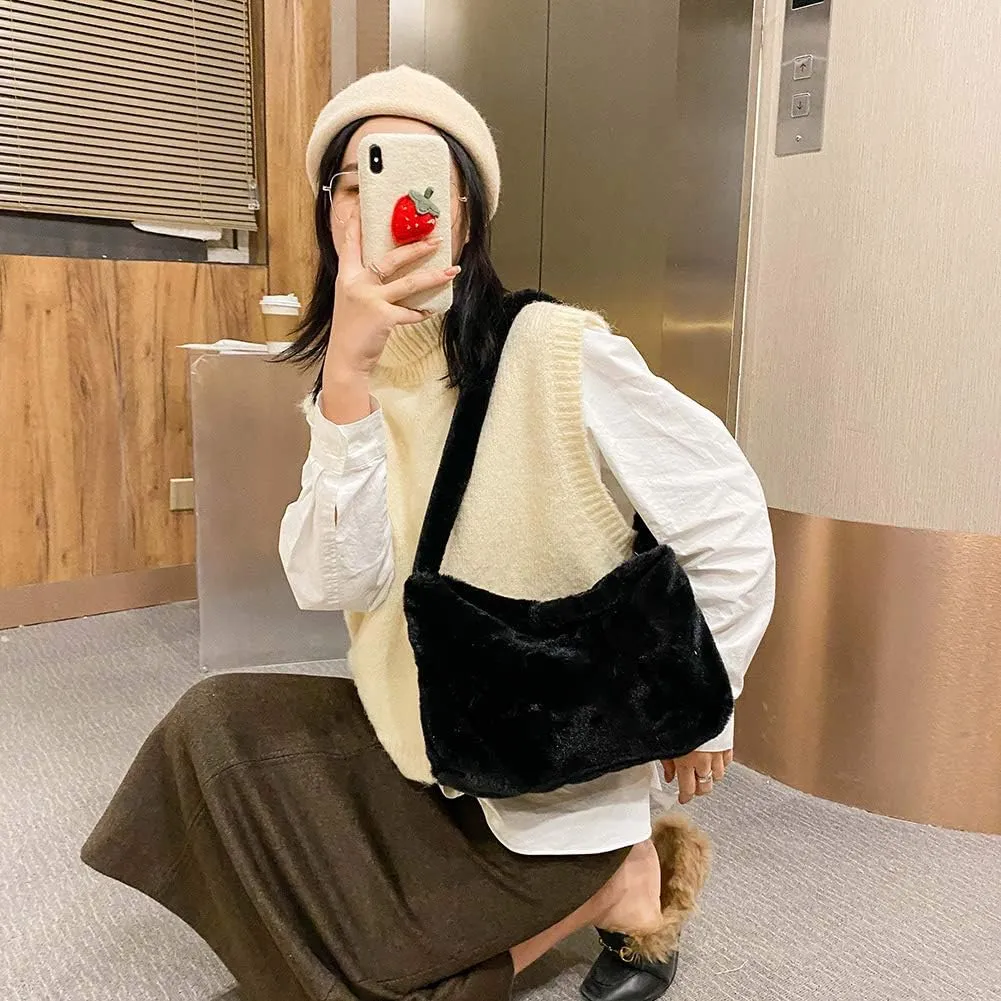 Fashion Animal Pattern Shoulder Underarm Bag Women Plush Top-handle Handbag