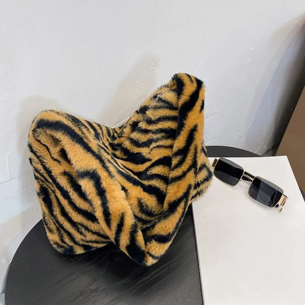 Fashion Animal Pattern Shoulder Underarm Bag Women Plush Top-handle Handbag