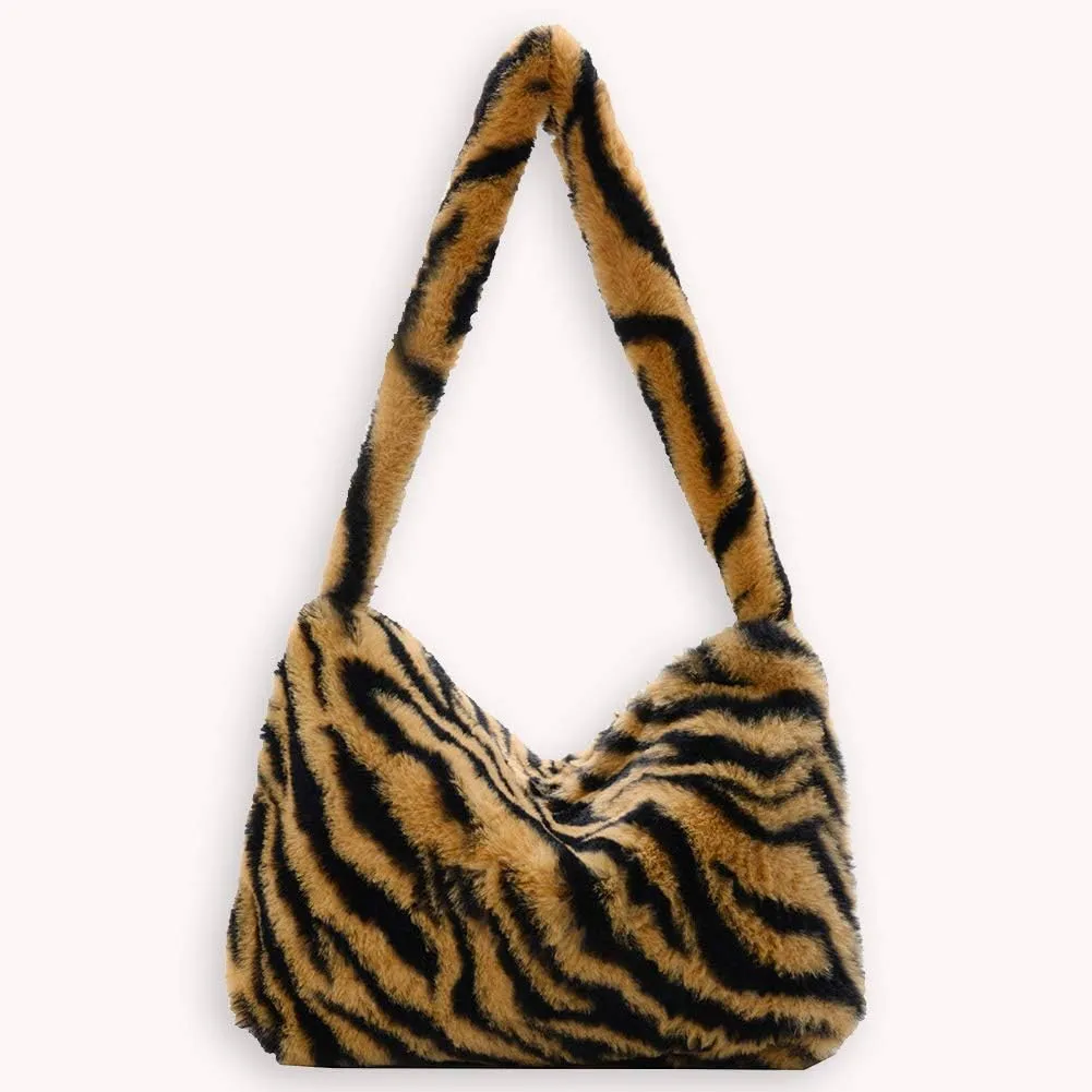 Fashion Animal Pattern Shoulder Underarm Bag Women Plush Top-handle Handbag