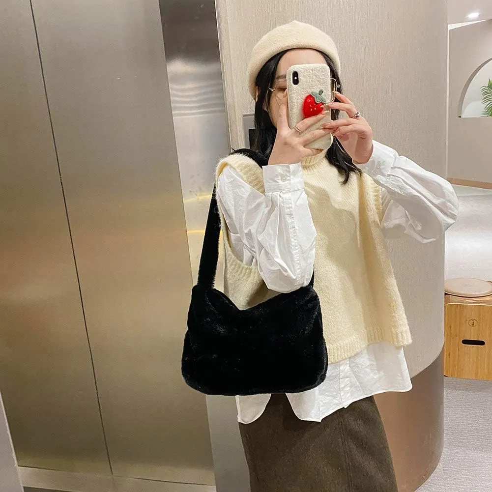 Fashion Animal Pattern Shoulder Underarm Bag Women Plush Top-handle Handbag