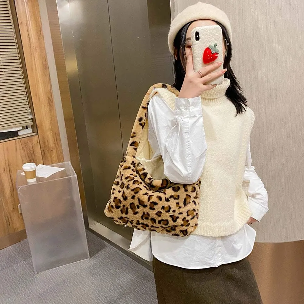 Fashion Animal Pattern Shoulder Underarm Bag Women Plush Top-handle Handbag