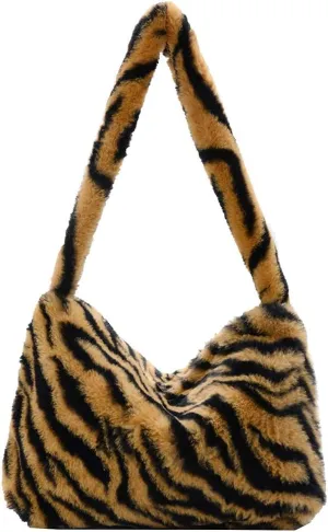Fashion Animal Pattern Shoulder Underarm Bag Women Plush Top-handle Handbag