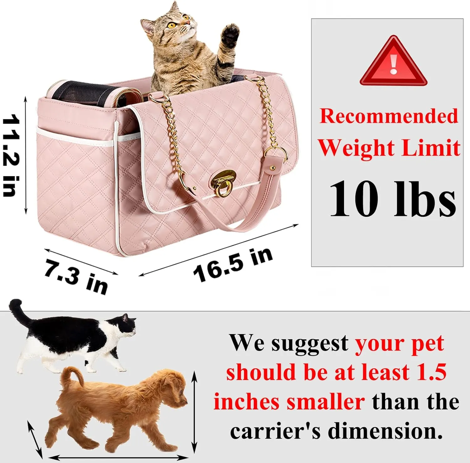 Fashion Dog Purse, Small Dog Carrier with 2 Large Pockets, Holds Up to 10lbs PU Leather Cat Carrier, Airline Approved Puppy Purse for Travel (Pink, Small Size)