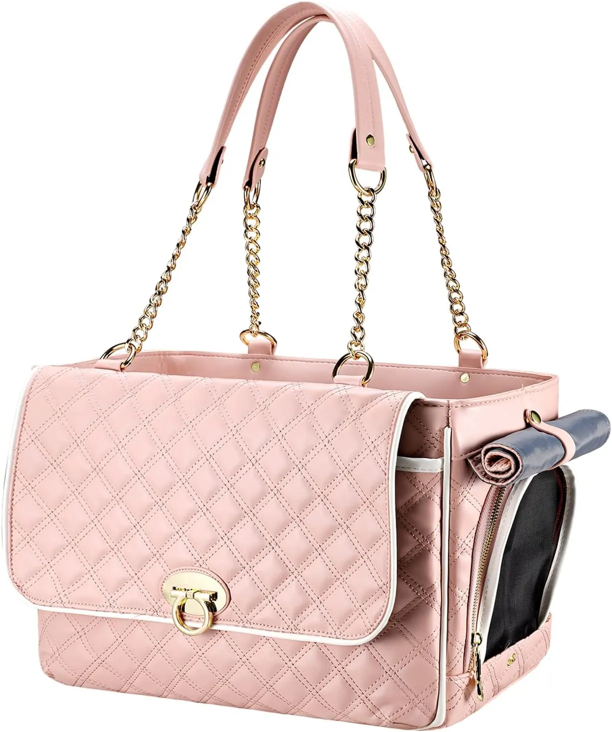 Fashion Dog Purse, Small Dog Carrier with 2 Large Pockets, Holds Up to 10lbs PU Leather Cat Carrier, Airline Approved Puppy Purse for Travel (Pink, Small Size)