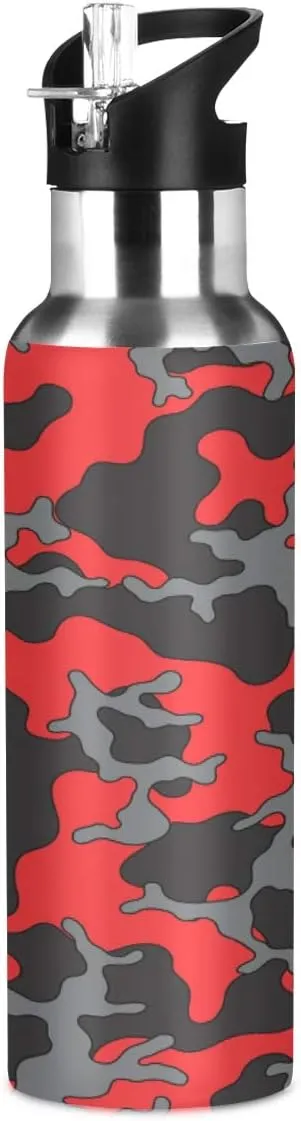 Fashion Red Gray Black Camo Water Bottle Vacuum Insulated Stainless Steel Leakproof Wide Mouth Flask with Straw Lid for Fitness Gym Outdoor Sports