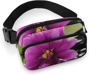Fashionable Large-capacity Twill Purple Flower with Black Stone Printed Waist Bag, A Must-have Item for Hands-free Travel