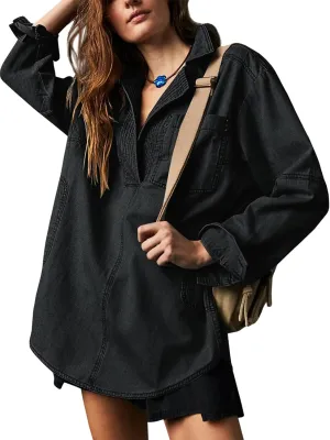 Fazortev Women's Denim Pullover Casual Button V Neck Blouse Loose Fit Long Sleeve Jean Jacket With Pocket