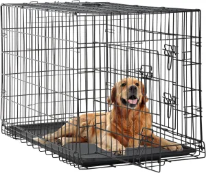 FDW 48 Inch Dog Crate Dog Kennel Cage with Double Door Folding Metal Wire Dog Cage with Removable Tray&Divider Panel for Large Dogs,Black