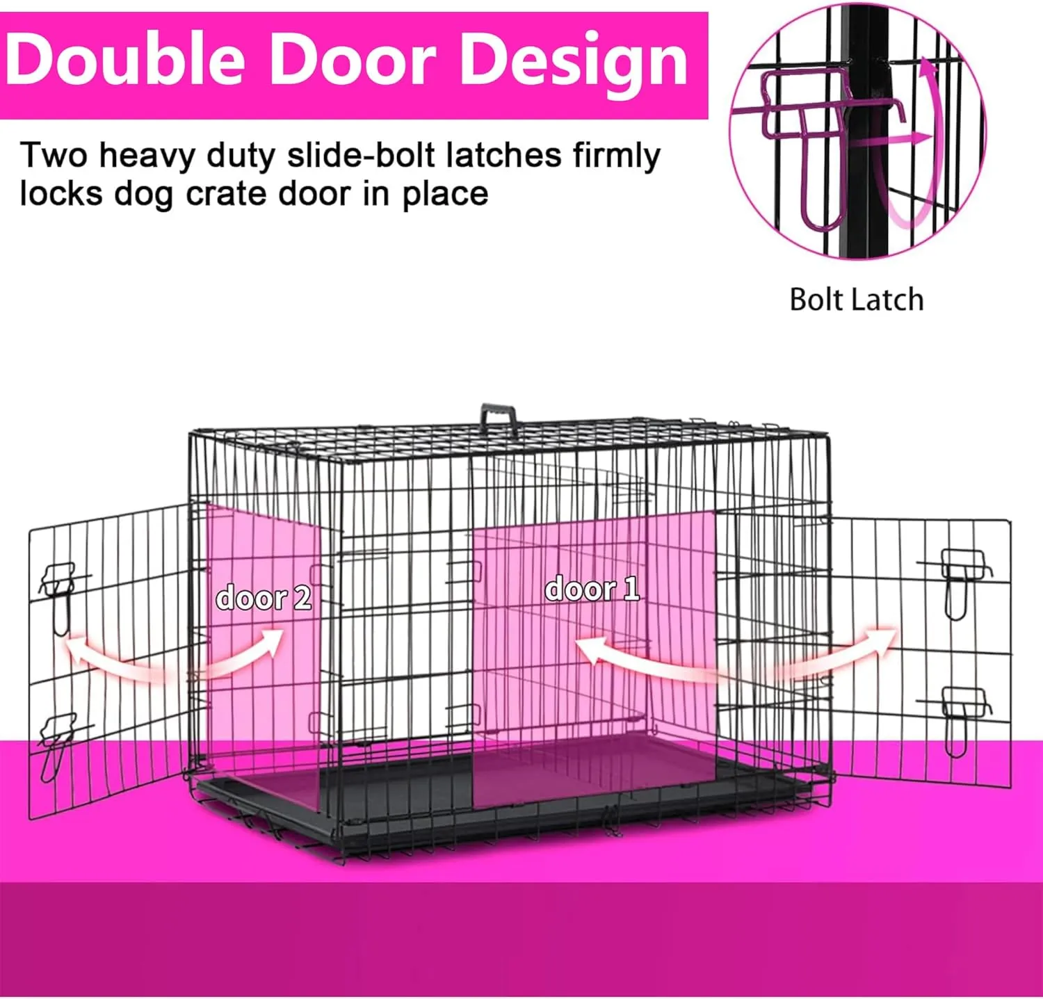 FDW 48 Inch Dog Crate Dog Kennel Cage with Double Door Folding Metal Wire Dog Cage with Removable Tray&Divider Panel for Large Dogs,Black