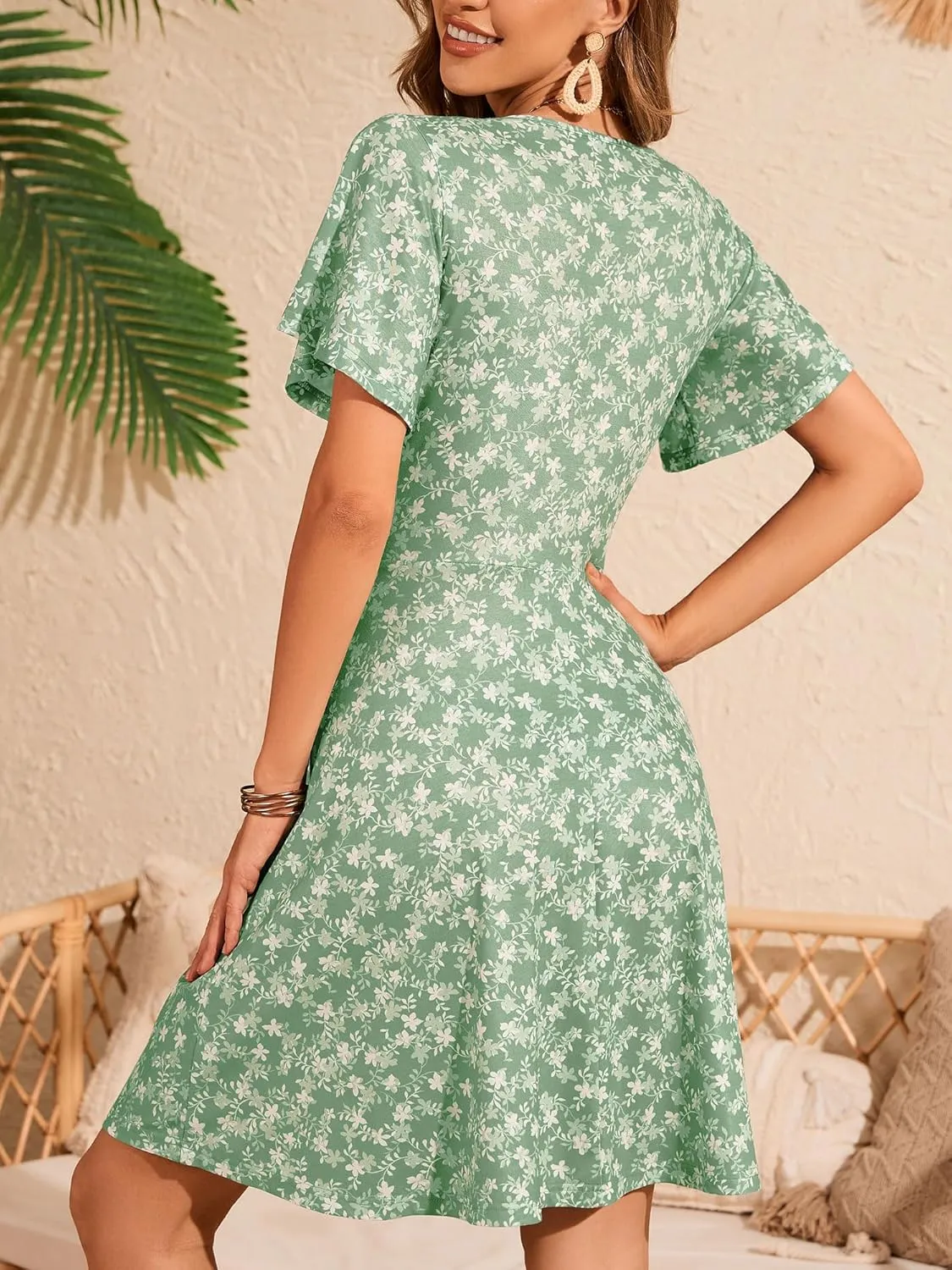 FENSACE Womens Sundress Summer Floral Short Sleeve Wrap V Neck A-Line Midi Dress