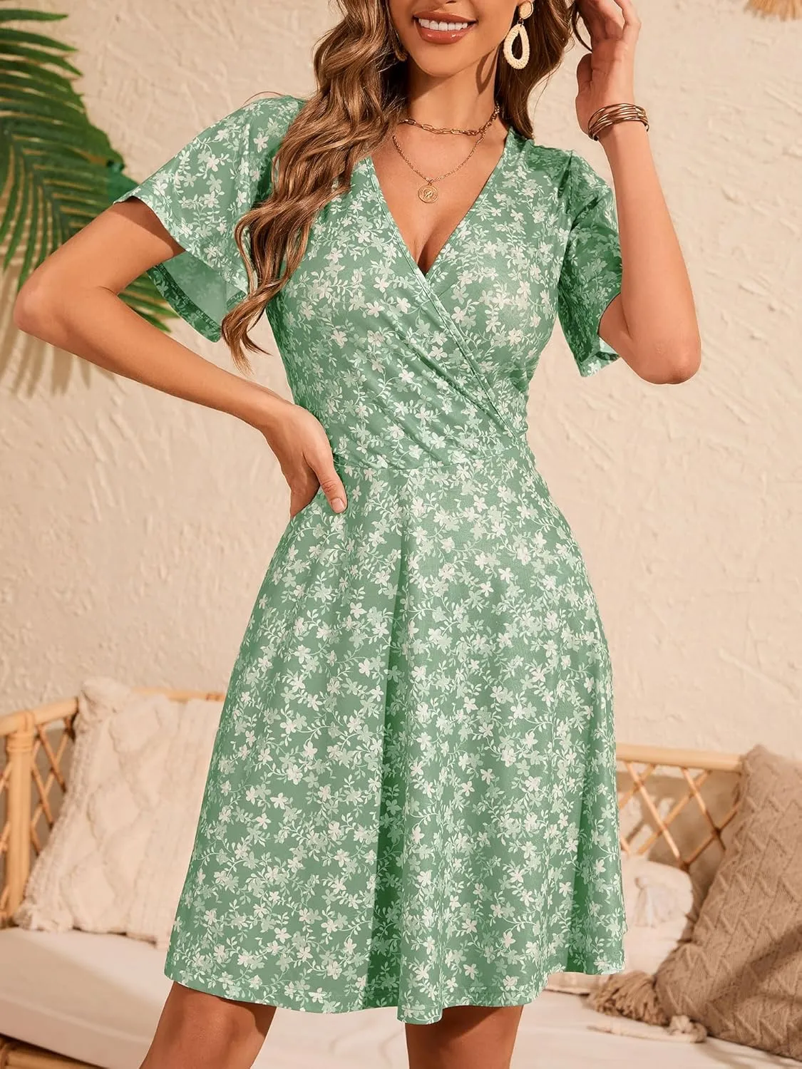 FENSACE Womens Sundress Summer Floral Short Sleeve Wrap V Neck A-Line Midi Dress