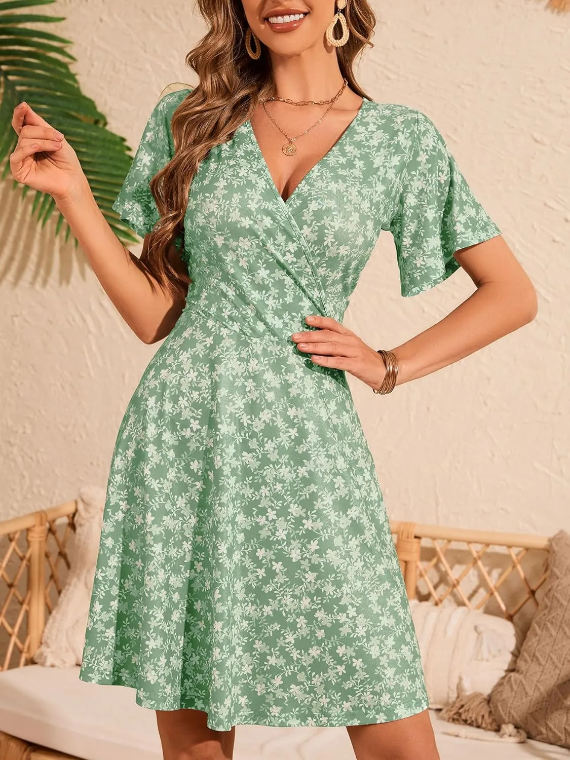 FENSACE Womens Sundress Summer Floral Short Sleeve Wrap V Neck A-Line Midi Dress