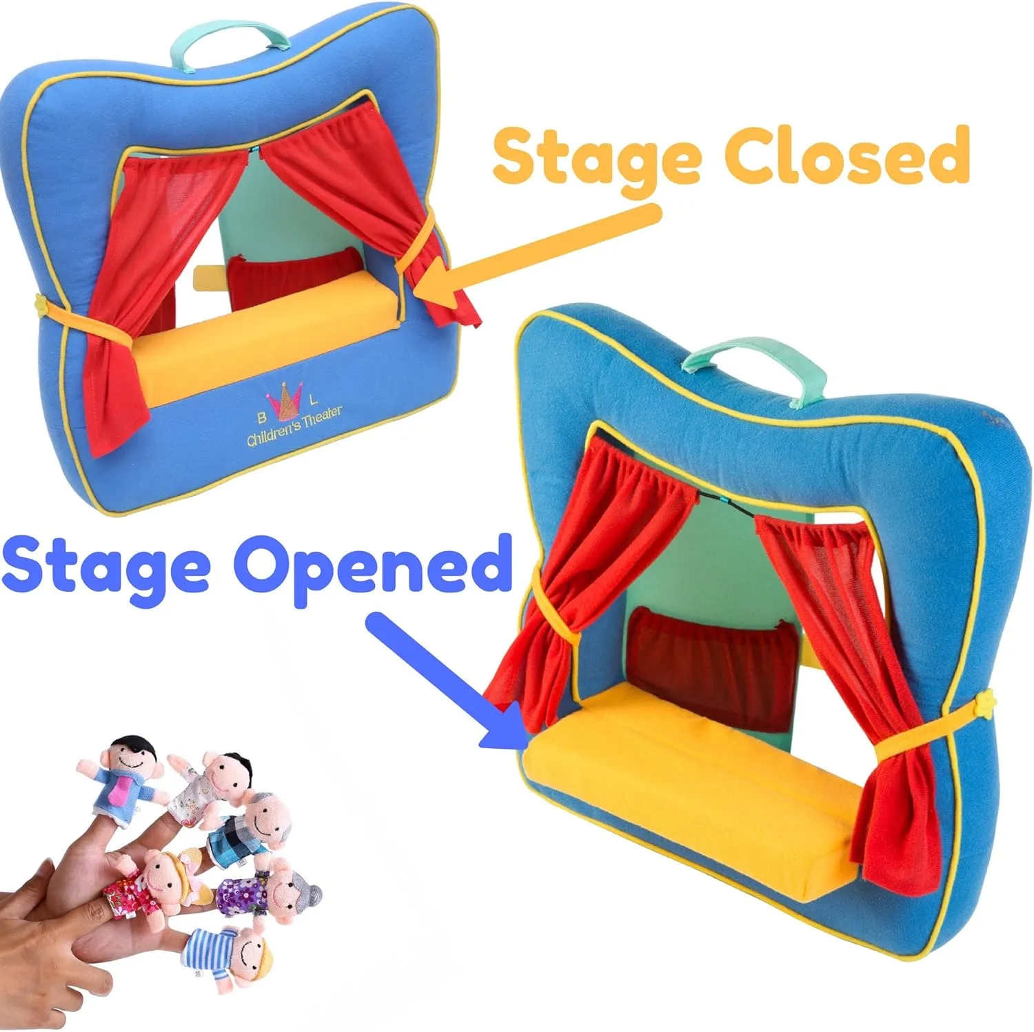Finger Puppet Theater Stage by Better Line - Set Includes 6 Finger Family Puppets - Portable Plush Finger Puppet Theater is The Best Preschool Kids (Blue)