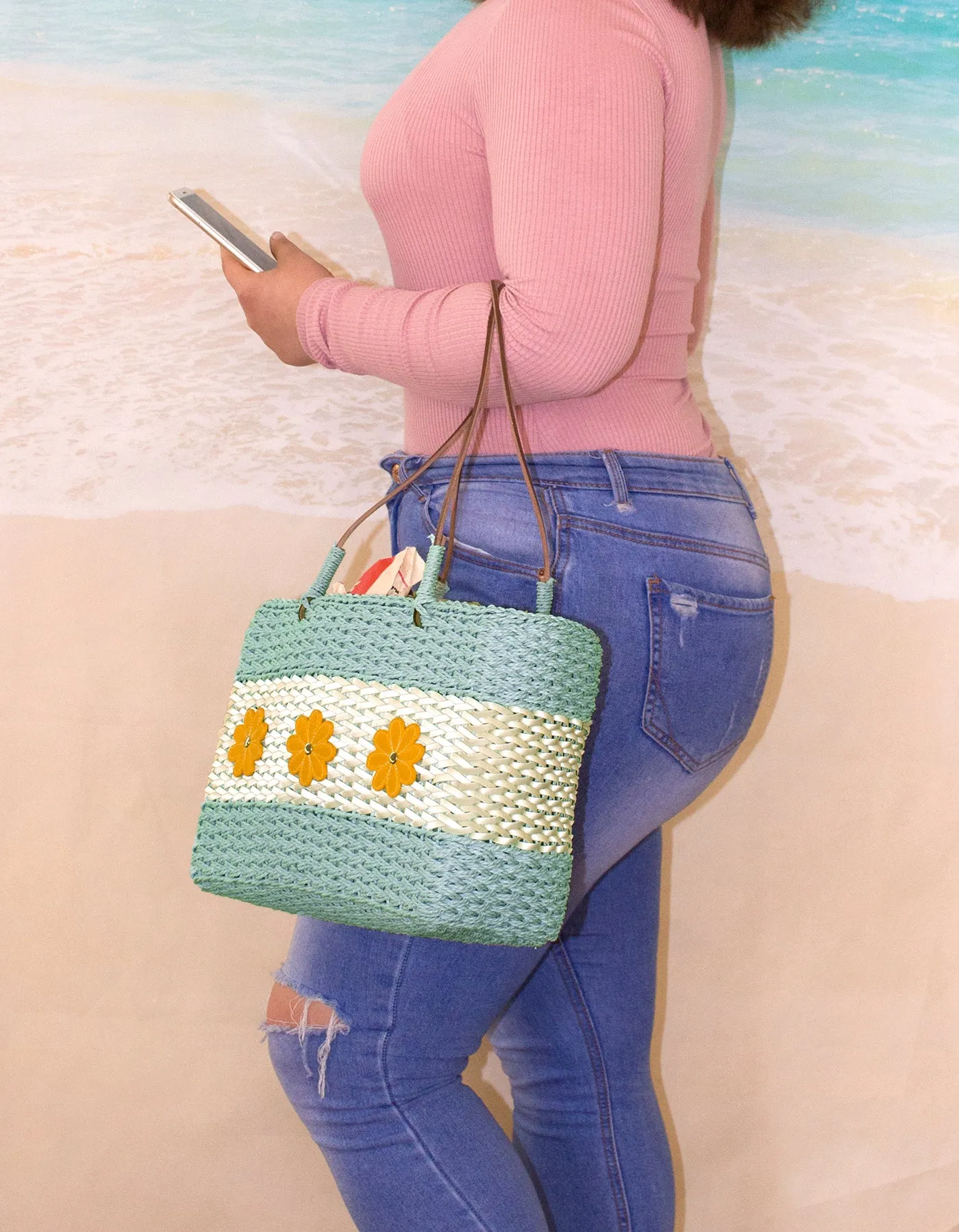 Fino SCM04313 Flower Design Straw /Beach Bag