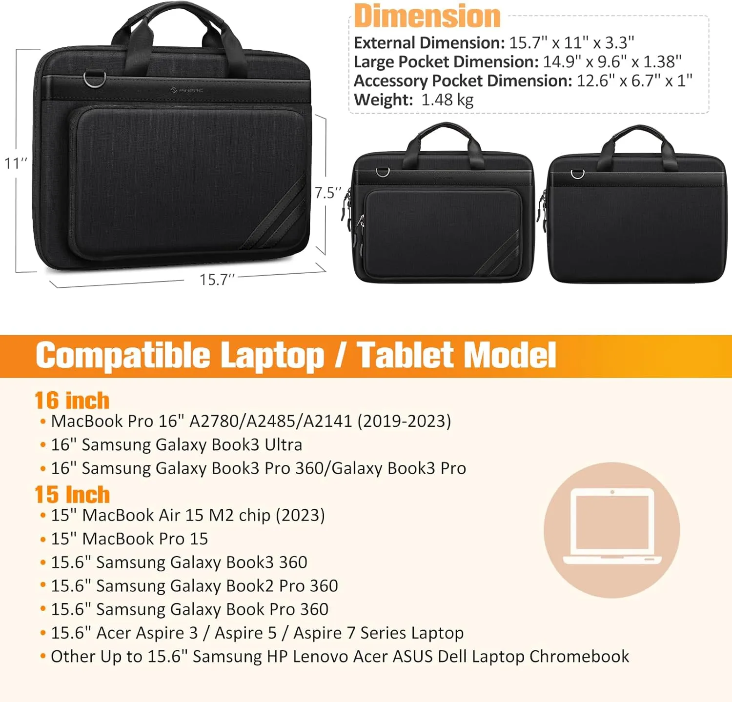 FINPAC 15.6 Inch Laptop Sleeve Case - Briefcase Shoulder Bag with Tablet Pocket and Accessory Pouch for MacBook Air 15, MacBook Pro 15 16 and Up to 15.6" Samsung Lenovo HP Acer ASUS Dell Laptop, Black