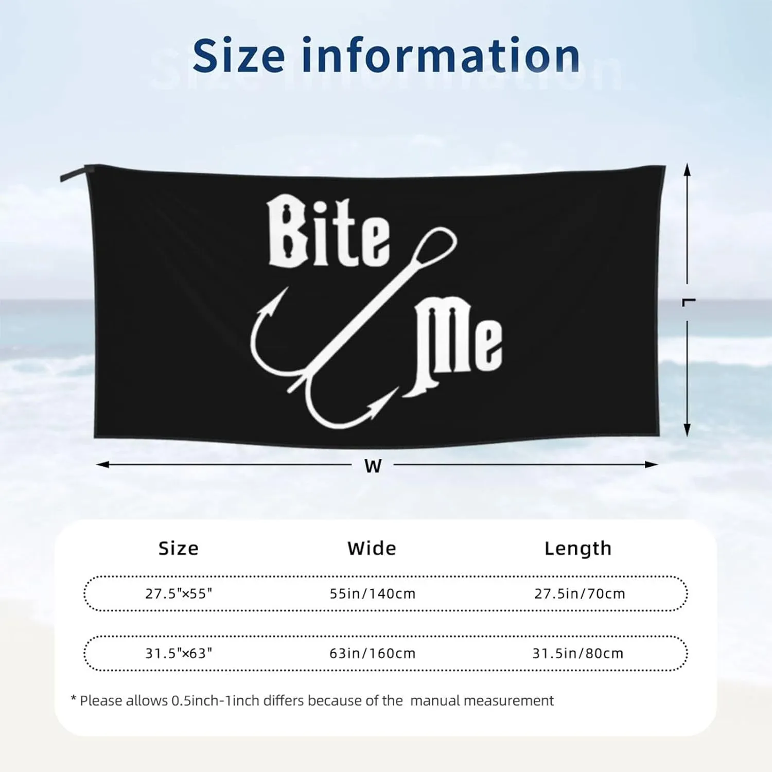 Fisherman's Fish Hook Bite Me Beach Towel with Travel Bag 31.5"x63" Quick Dry Sand Free Lightweight Large Oversized Towels Light Vacation Essentials