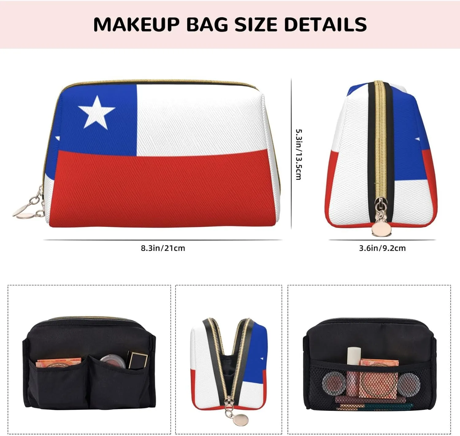 Flag Of Chilemakeup Bag Organizer,Toiletry Cosmetic Bag,Zipper Pouch Brushes Storage Case(Large)