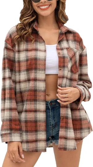 Flannel Shirts for Women Oversized Plaid Soft Flannel Button Down Shirt Blouses