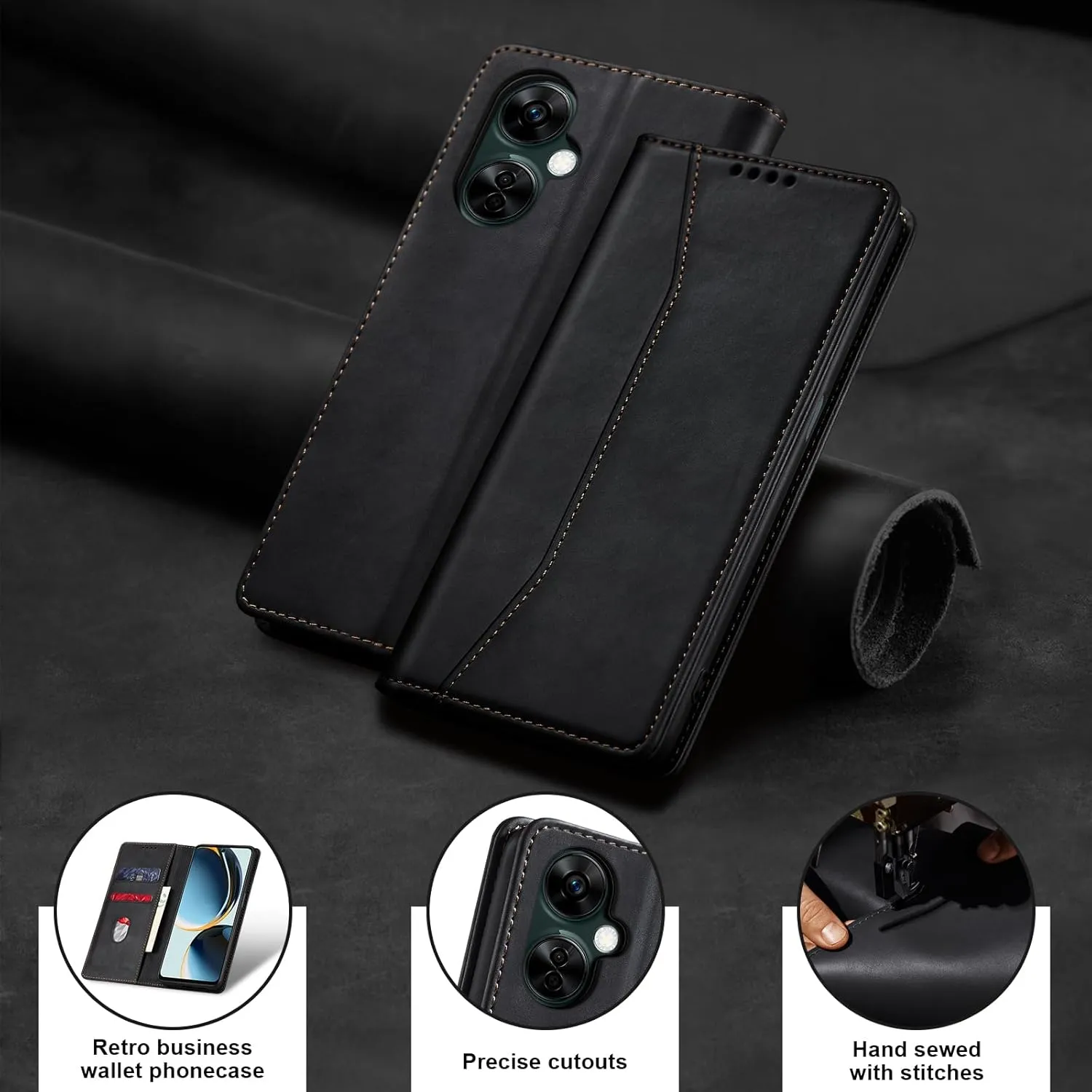 Flip Wallet Case for OnePlus Nord N30 5G,Leather Magnetic Folio Cover with Card Holder,Kickstand - TPU Shockproof Durable Protective Phone Case,Black