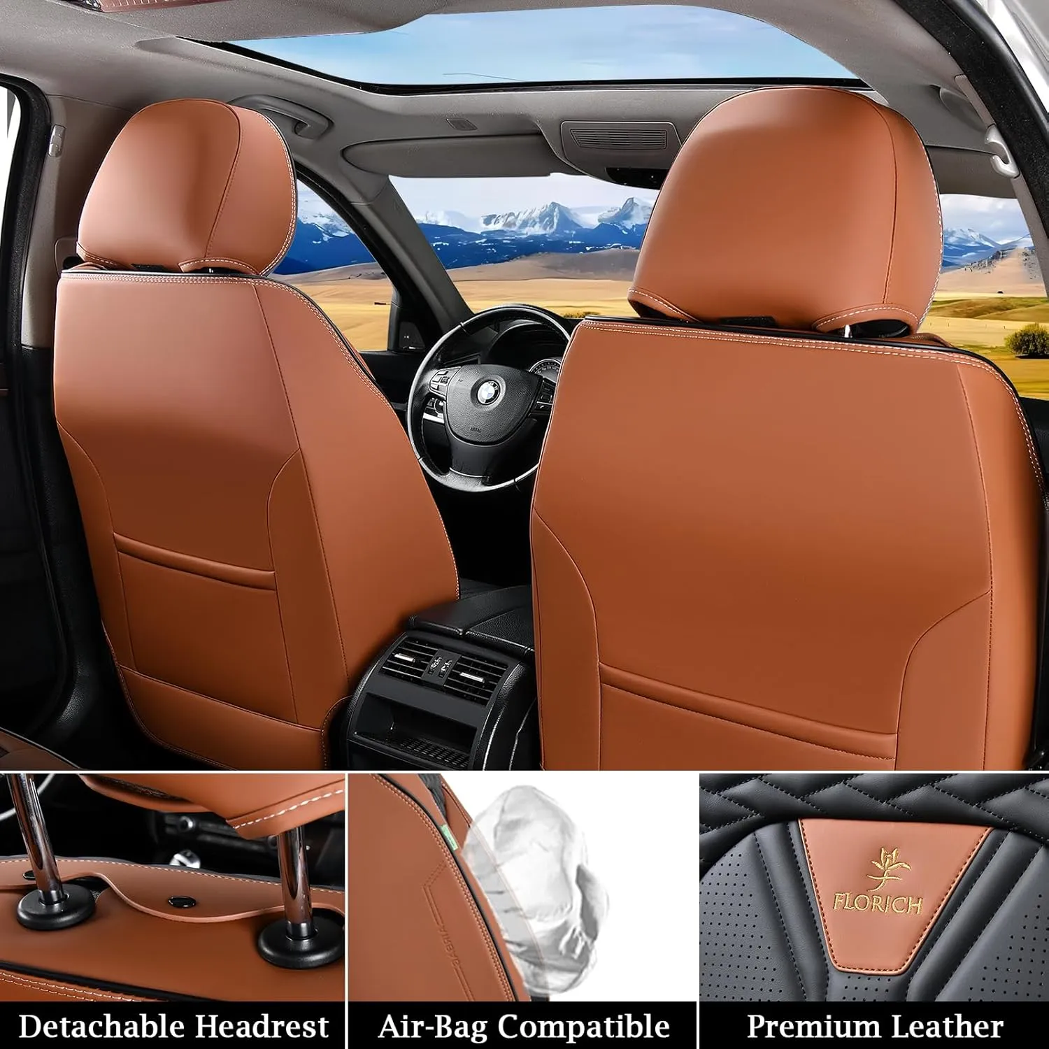 FLORICH Leather Seat Covers, Seat Covers Full Set, Car Seat Protectors 5 Seats,Automotive Seat Covers Fit for Most Cars Trucks-Brown&Black