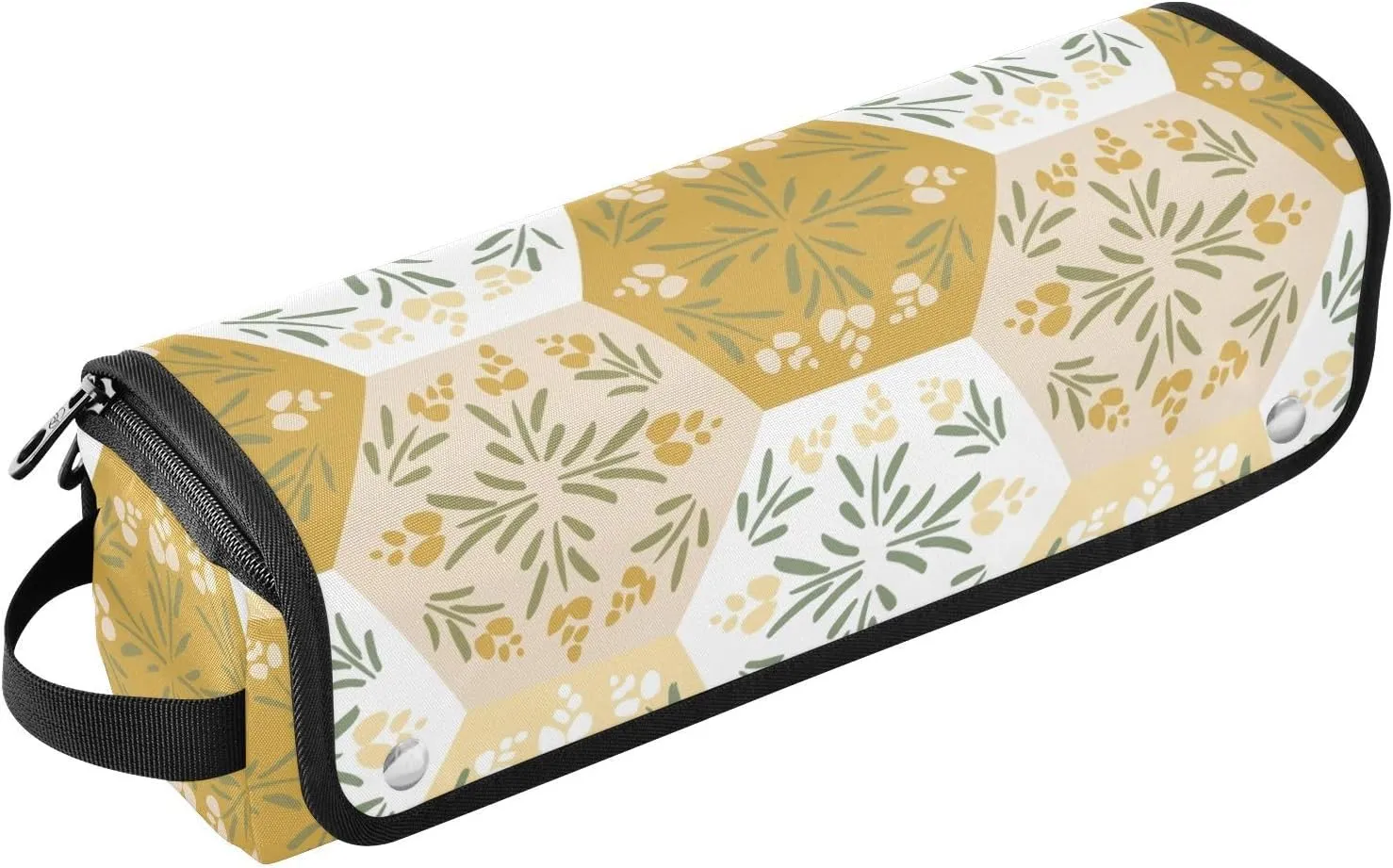 Flowers Light Yellow Hexagonal Tile Hair Tools Travel Bag with Heat Resistant Mat, Travel Carrying Case for Curling Iron, Straightener, Portable Organizer Cosmetic Bag