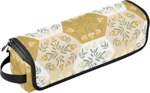 Flowers Light Yellow Hexagonal Tile Hair Tools Travel Bag with Heat Resistant Mat, Travel Carrying Case for Curling Iron, Straightener, Portable Organizer Cosmetic Bag