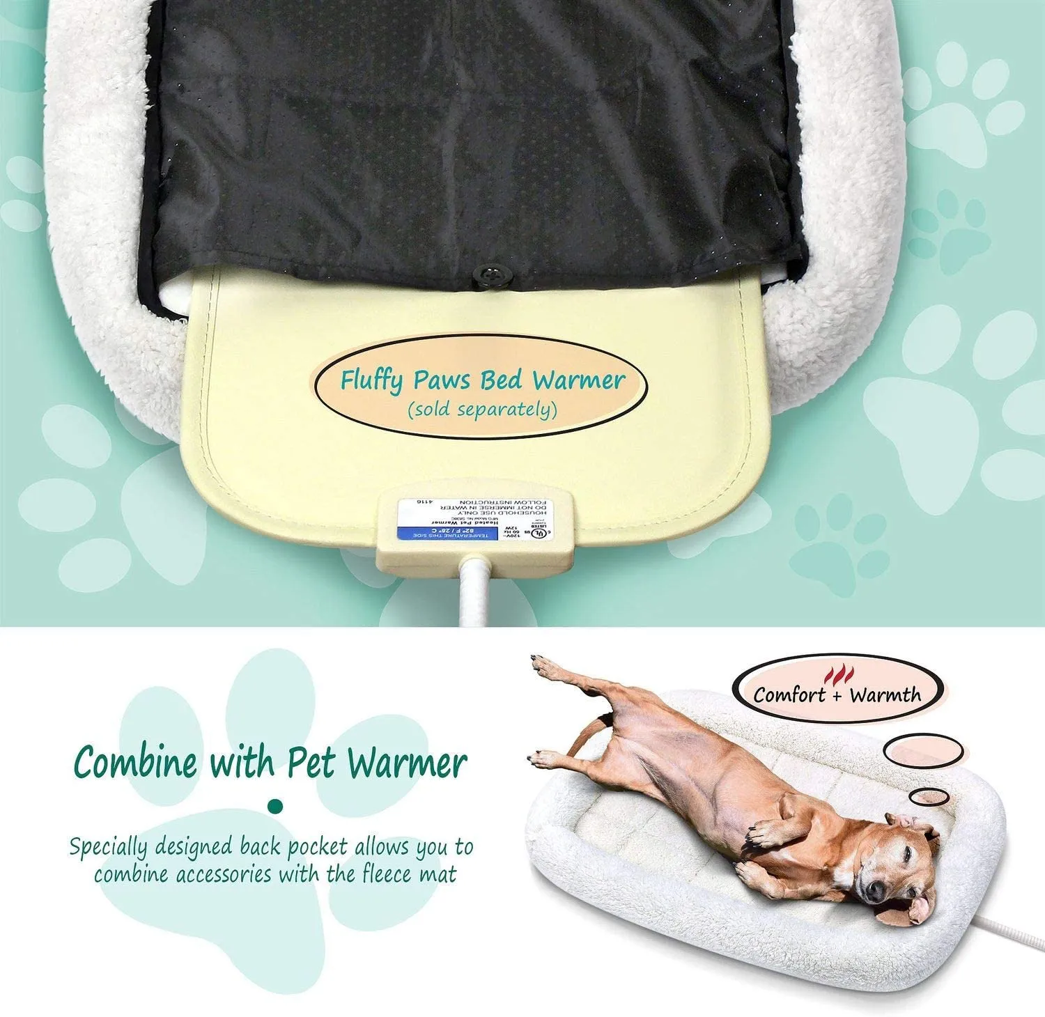 Fluffy Paws Foldable Soft Fleece Pet Crate Mat Bed with Accessories Pocket for Crates, Pet Carriers - for Dogs & Cats, Machine Washable, Anti-Skid Bottom - Small 23” x 18” x 3”