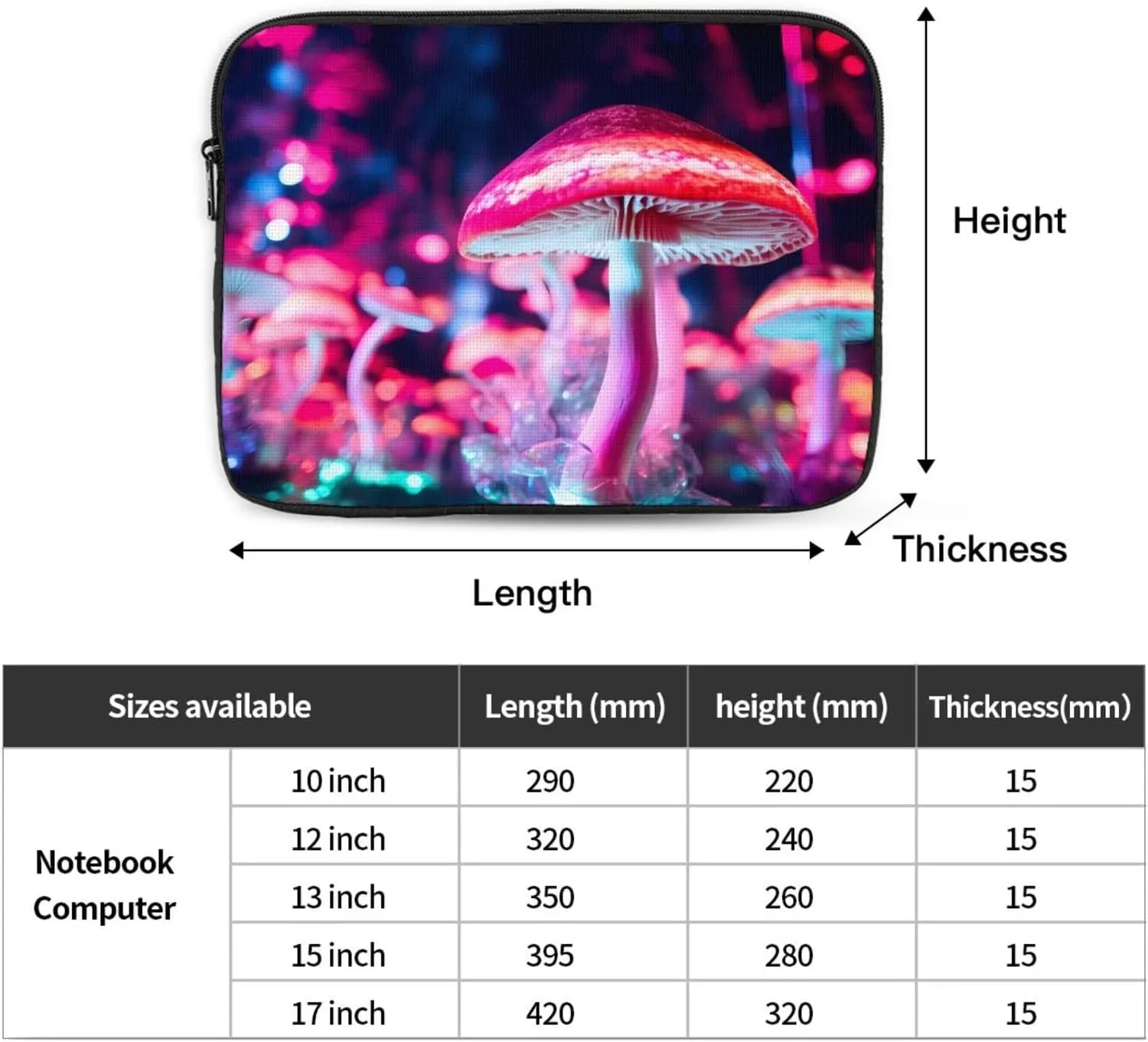 Fluorescent Mushroom Pattern Shockproof Portable Laptop 15 inch Sleeve Bag for Men and Women - Ideal for Business Travel, School, and Daily Use