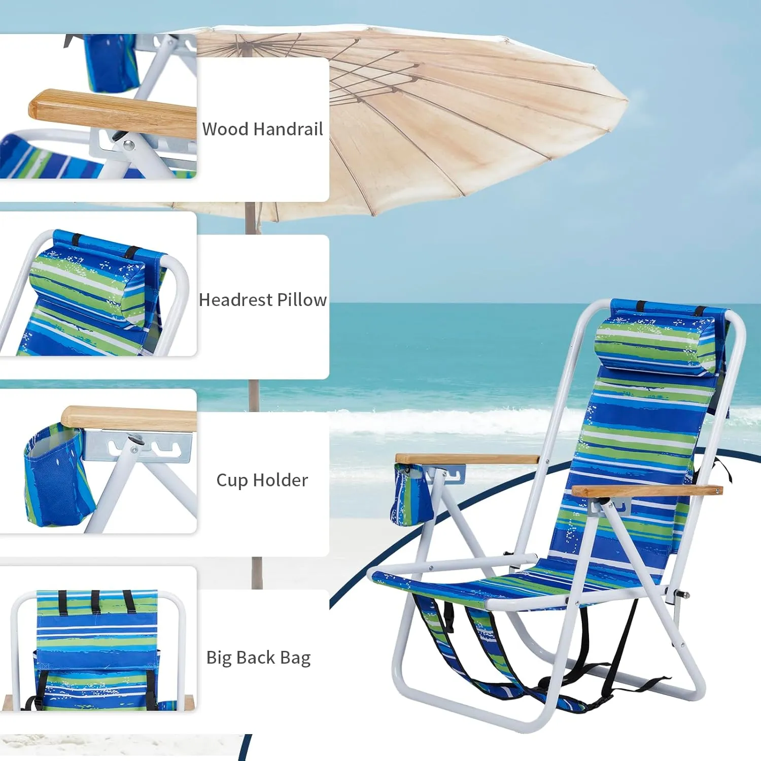 Folding Backpack Beach Chair, Portable Camping Chairs with Reclinable Angle Settings, Maximum Load Capacity 265 Lbs, Headrest Cup Holder and Wooden Armrest, Blue Stripes