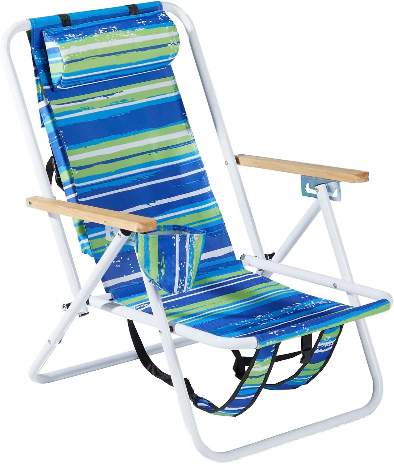 Folding Backpack Beach Chair, Portable Camping Chairs with Reclinable Angle Settings, Maximum Load Capacity 265 Lbs, Headrest Cup Holder and Wooden Armrest, Blue Stripes