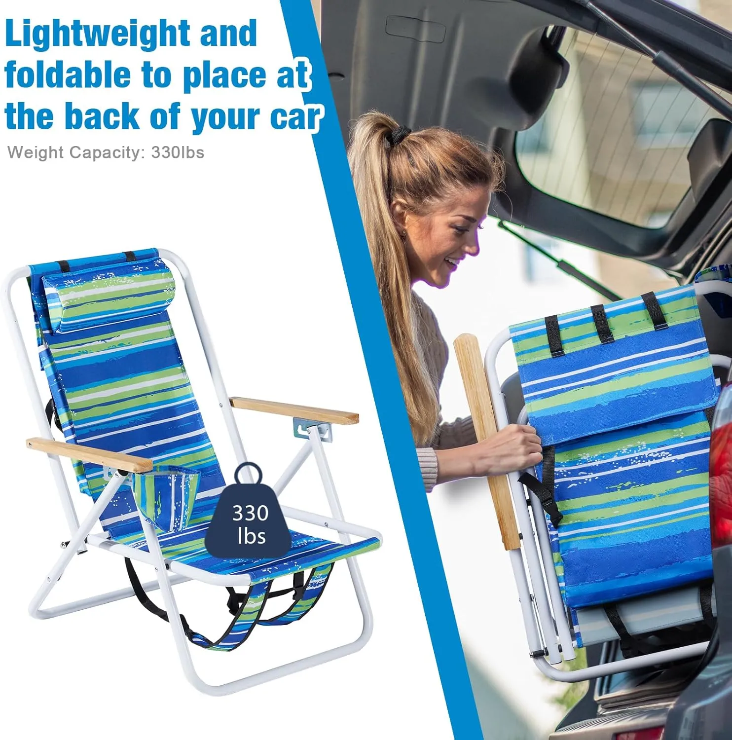 Folding Backpack Beach Chair, Portable Camping Chairs with Reclinable Angle Settings, Maximum Load Capacity 265 Lbs, Headrest Cup Holder and Wooden Armrest, Blue Stripes