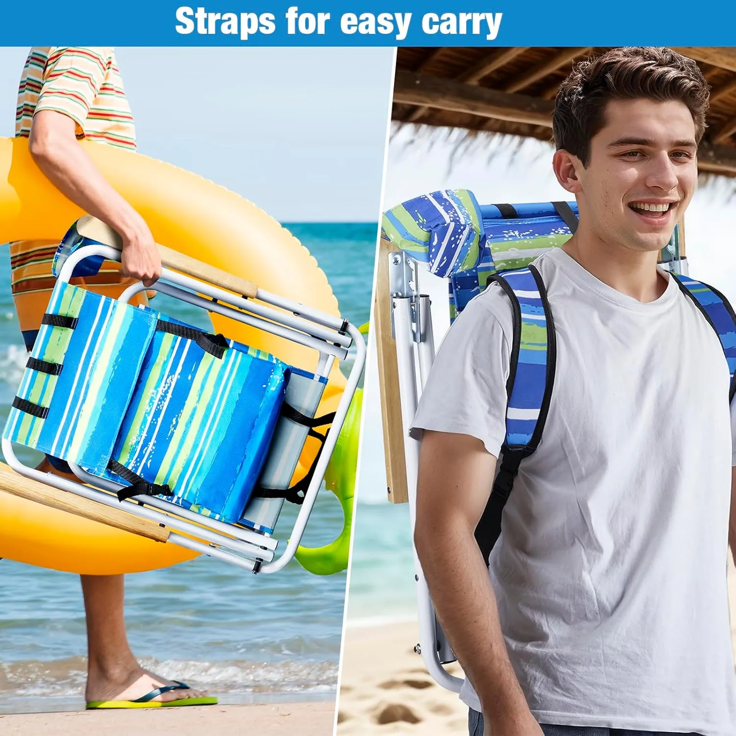Folding Backpack Beach Chair, Portable Camping Chairs with Reclinable Angle Settings, Maximum Load Capacity 265 Lbs, Headrest Cup Holder and Wooden Armrest, Blue Stripes