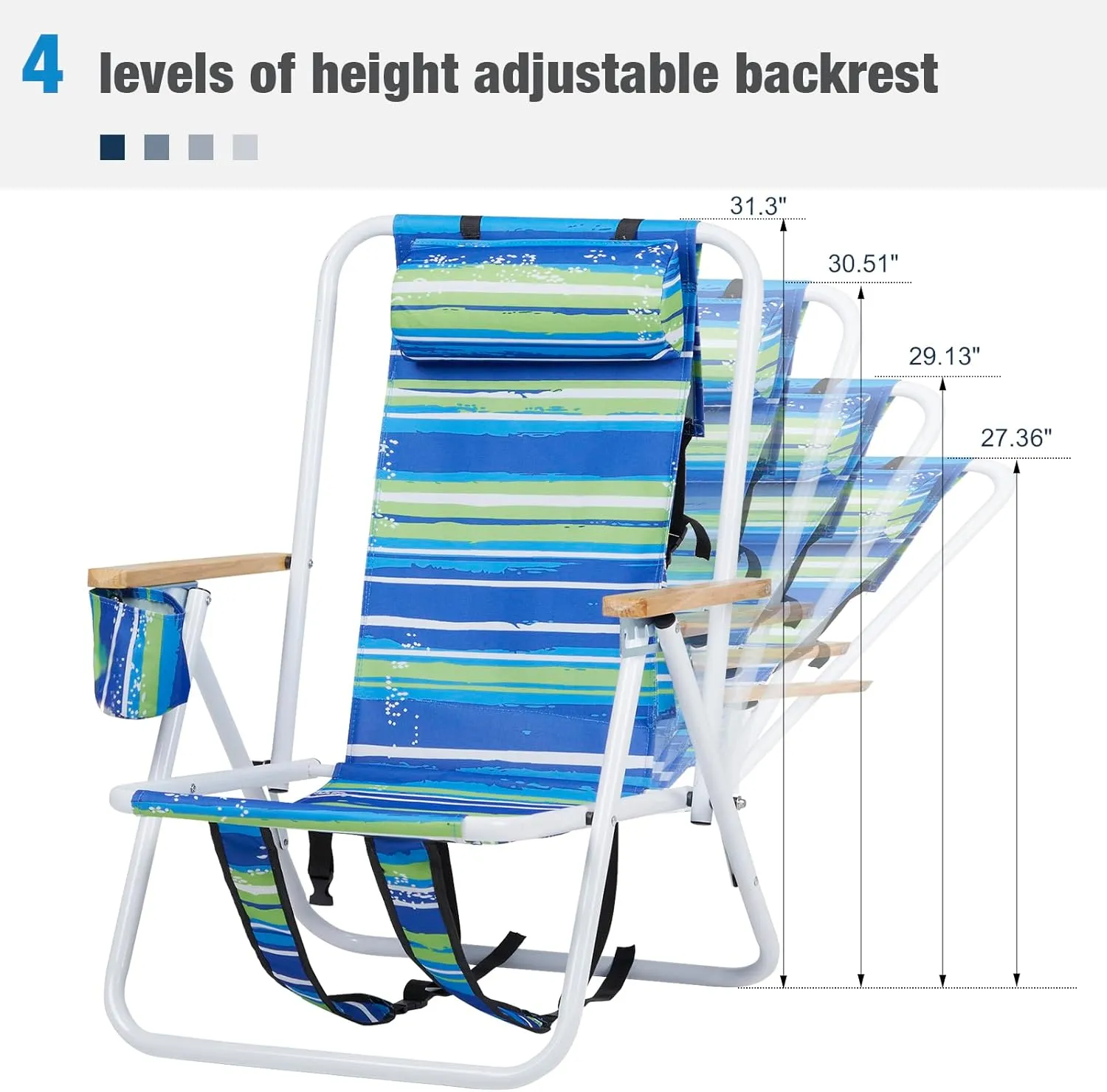 Folding Backpack Beach Chair, Portable Camping Chairs with Reclinable Angle Settings, Maximum Load Capacity 265 Lbs, Headrest Cup Holder and Wooden Armrest, Blue Stripes