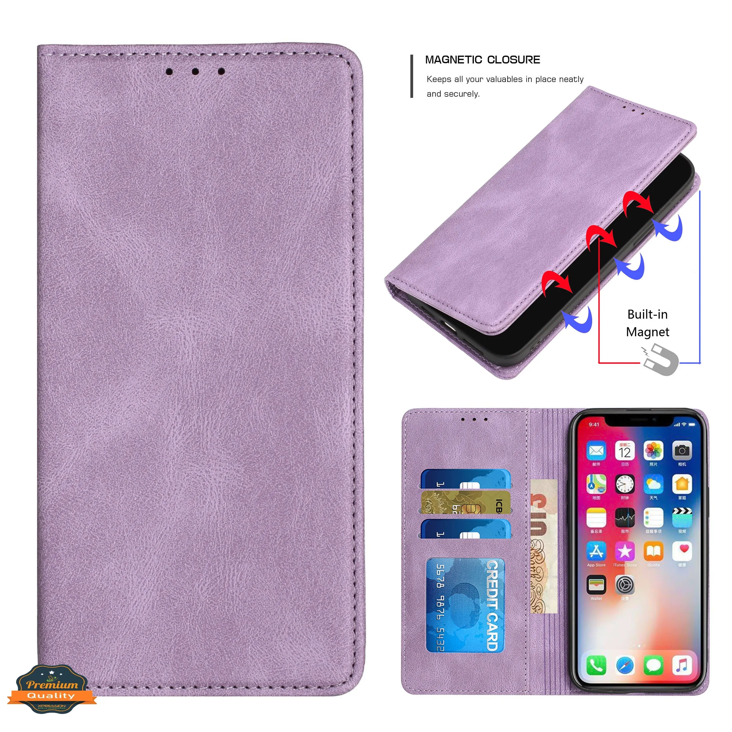 For Apple iPhone 14 Pro (6.1") Wallet Premium PU Vegan Leather ID Credit Card Money Holder with Magnetic Closure Pouch Flip  Phone Case Cover