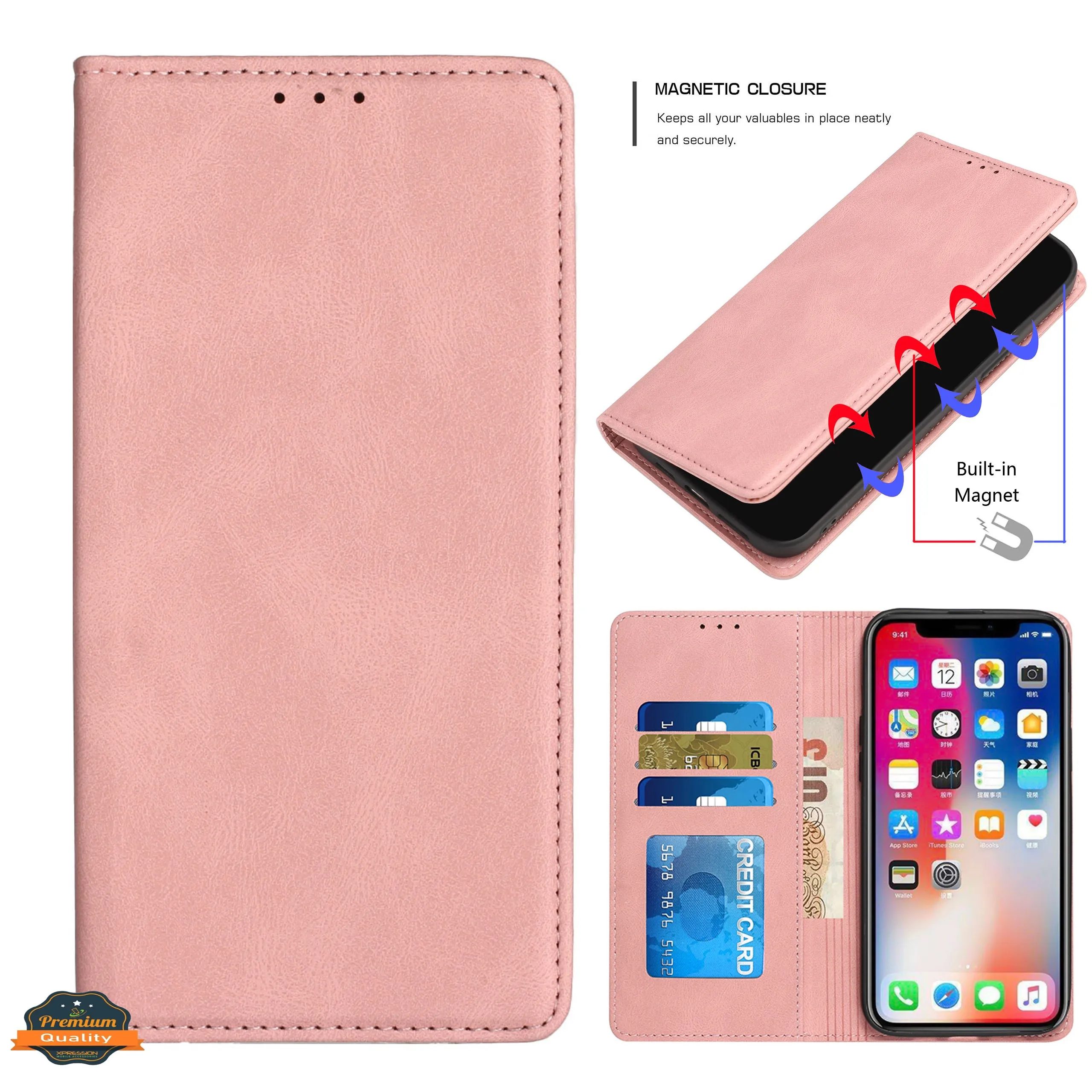 For Apple iPhone 14 Pro (6.1") Wallet Premium PU Vegan Leather ID Credit Card Money Holder with Magnetic Closure Pouch Flip  Phone Case Cover