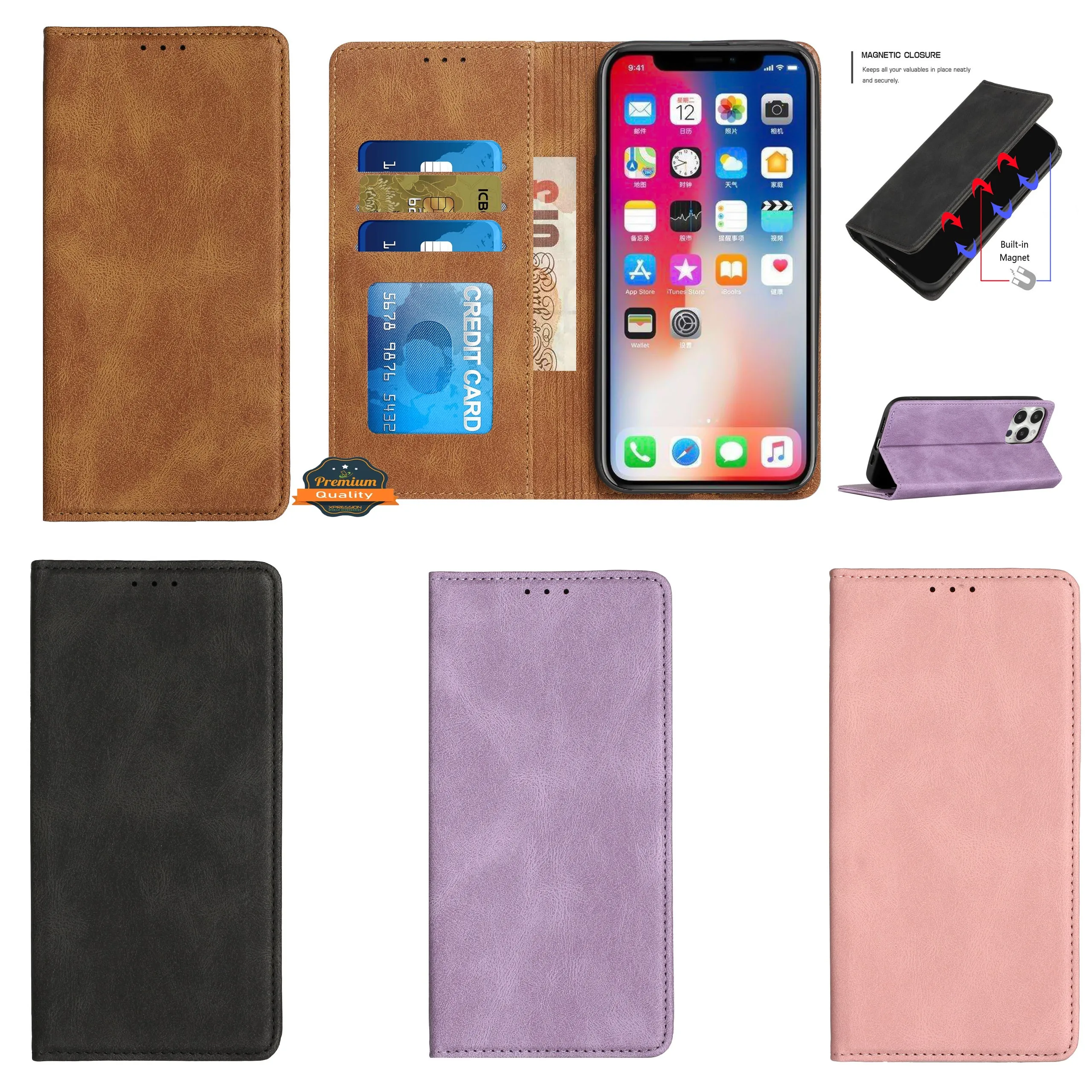 For Apple iPhone 14 Pro (6.1") Wallet Premium PU Vegan Leather ID Credit Card Money Holder with Magnetic Closure Pouch Flip  Phone Case Cover