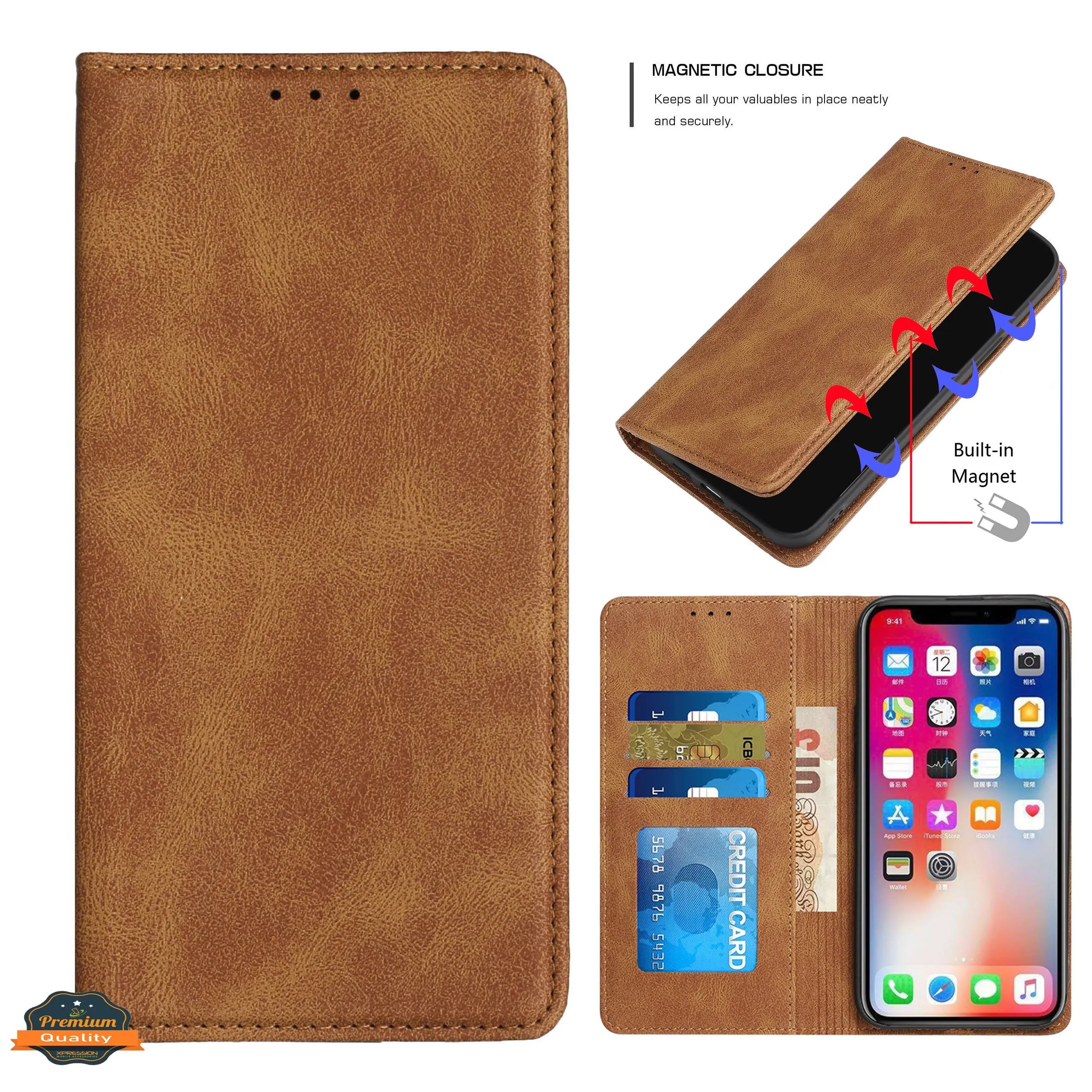 For Apple iPhone 14 Pro (6.1") Wallet Premium PU Vegan Leather ID Credit Card Money Holder with Magnetic Closure Pouch Flip  Phone Case Cover