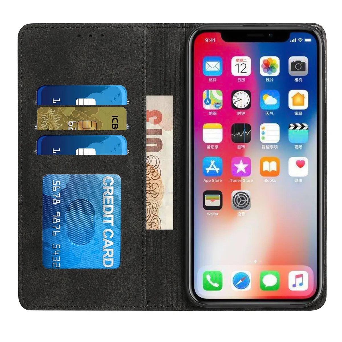 For Apple iPhone 14 Pro (6.1") Wallet Premium PU Vegan Leather ID Credit Card Money Holder with Magnetic Closure Pouch Flip  Phone Case Cover