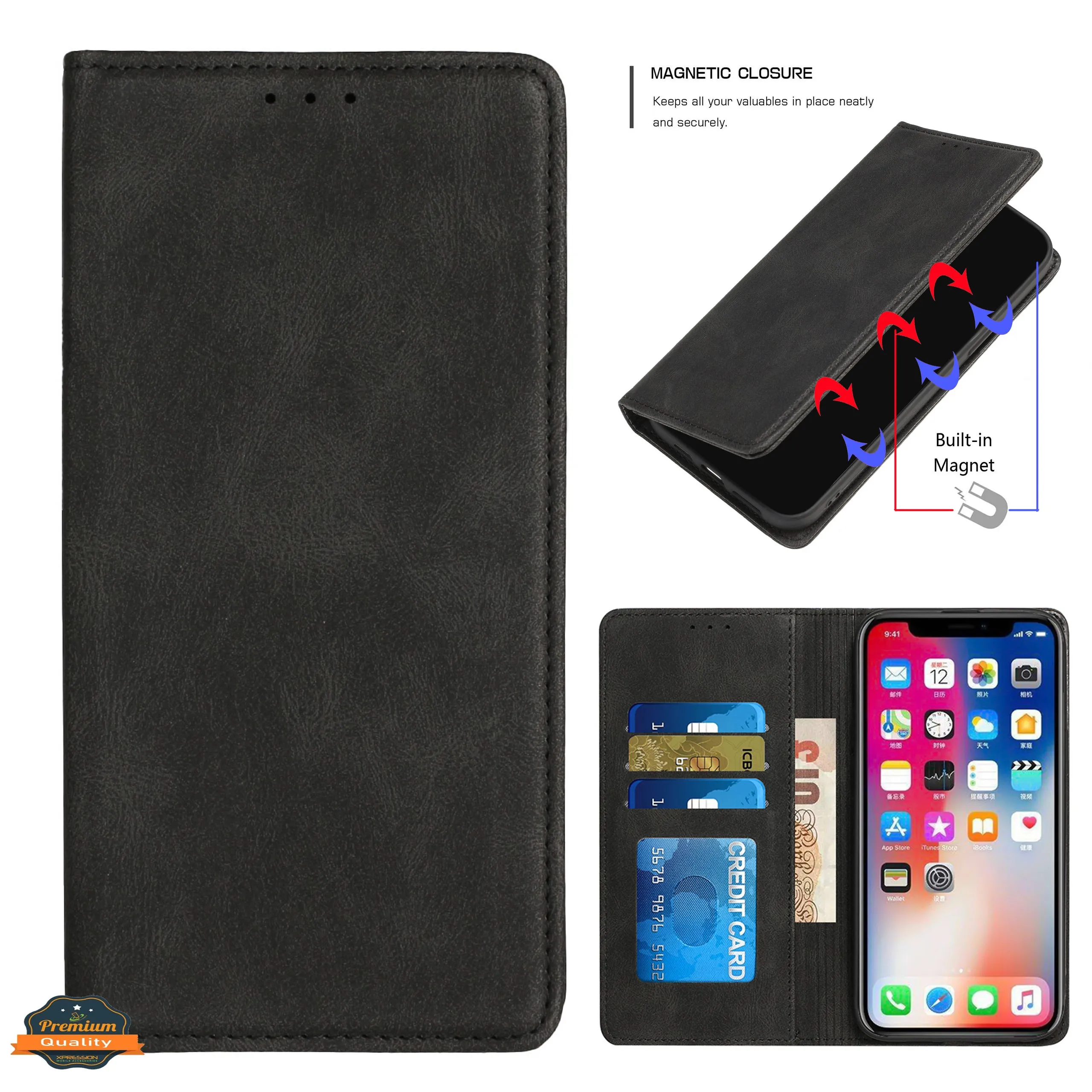 For Apple iPhone 14 Pro (6.1") Wallet Premium PU Vegan Leather ID Credit Card Money Holder with Magnetic Closure Pouch Flip  Phone Case Cover