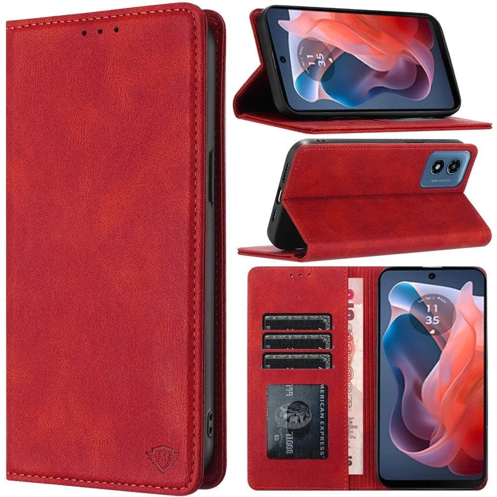 For Apple iPhone 16 Pro (6.3") Premium Wallet PU Vegan Leather ID Credit Card Slot Money Holder with Magnetic Closure Pouch Flip Case Cover Red