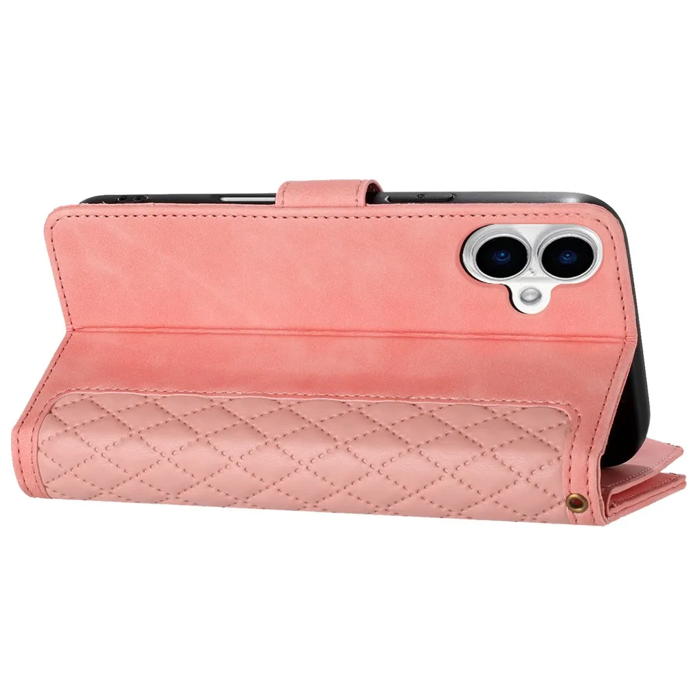 For Apple iPhone 16 Pro Max (6.9") PU Leather Wallet Design Jewel Bling with Credit Card Holder Flip Folio Pouch Zipper Purse Wrist Strap Case Cover