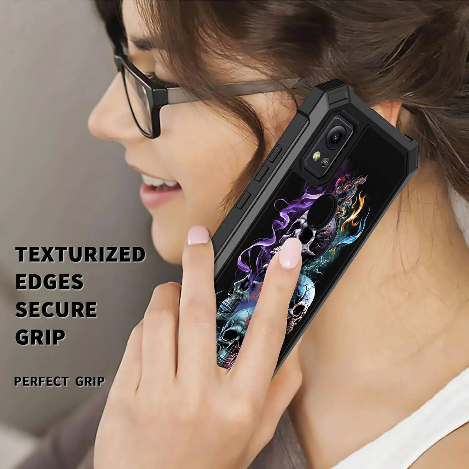 for Cricket Icon 5 Case with Screen Protector, Heavy Duty Dual Layer Hard PC & Silicone Shockproof Protective Phone Cover for Cricket Icon 5/AT&T Motivate 4, Skull