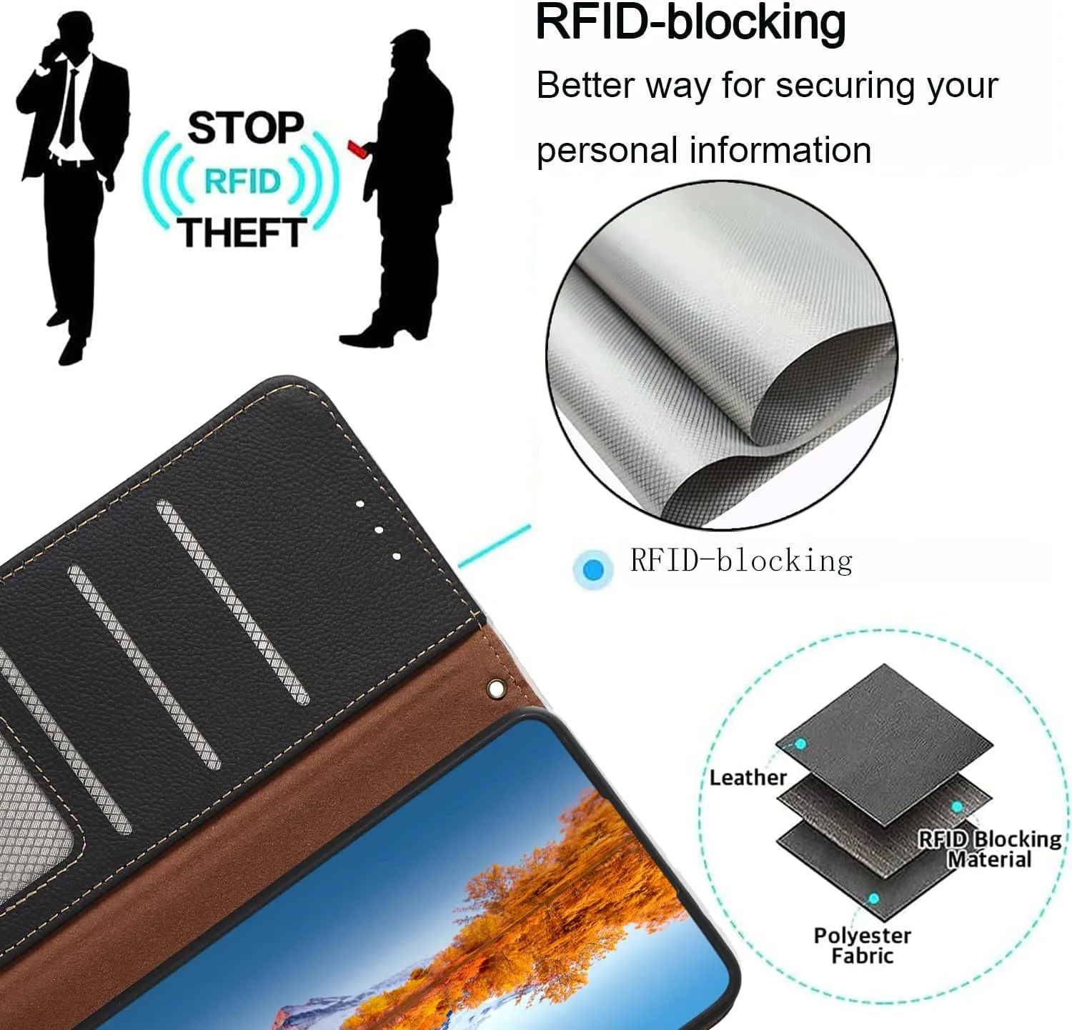 for iPhone 14 Pro Wallet Case，Cowhide Genuine Leather Folio Flip Cover with RFID Credit Card Holder Cash Holder Magnetic Closure Anti-Fall Shockproof TPU Kickstand Black