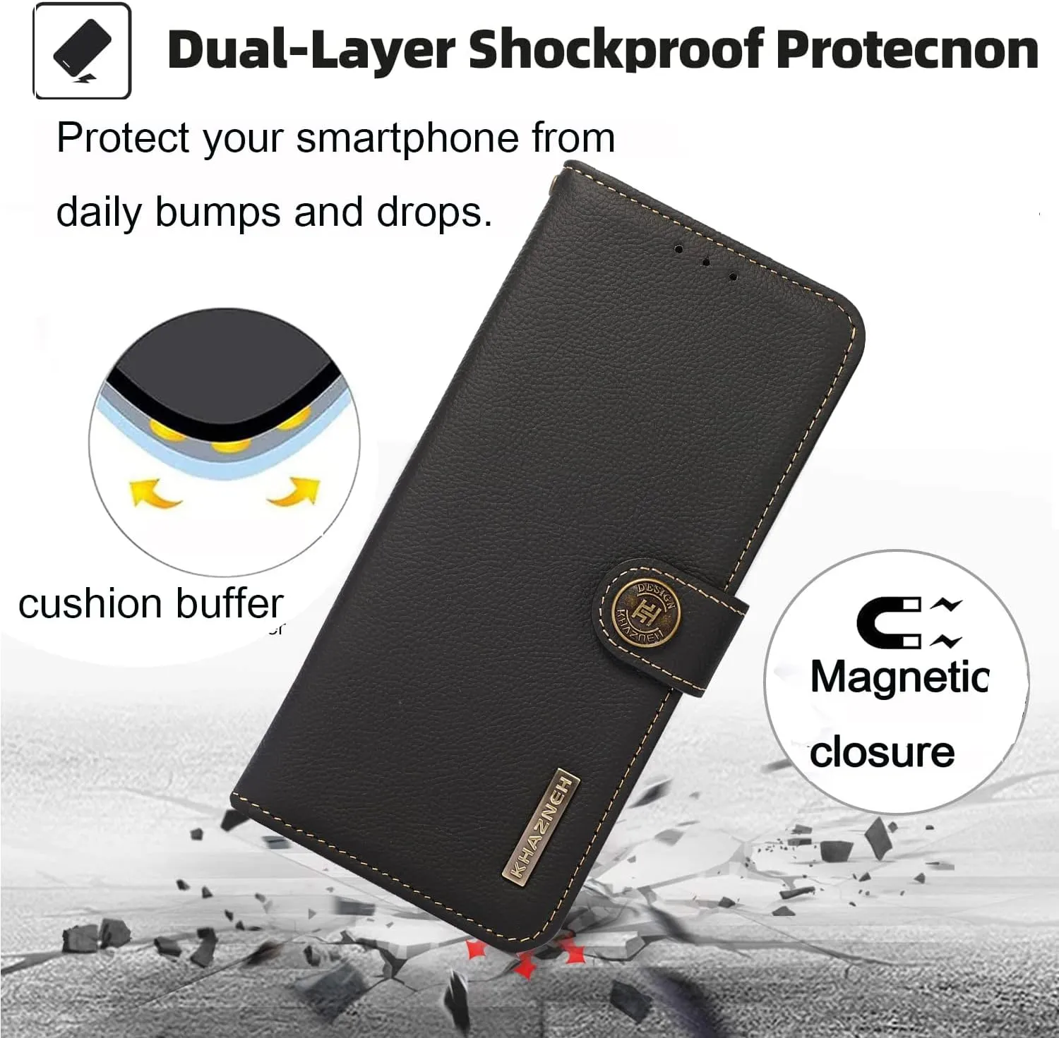 for iPhone 14 Pro Wallet Case，Cowhide Genuine Leather Folio Flip Cover with RFID Credit Card Holder Cash Holder Magnetic Closure Anti-Fall Shockproof TPU Kickstand Black