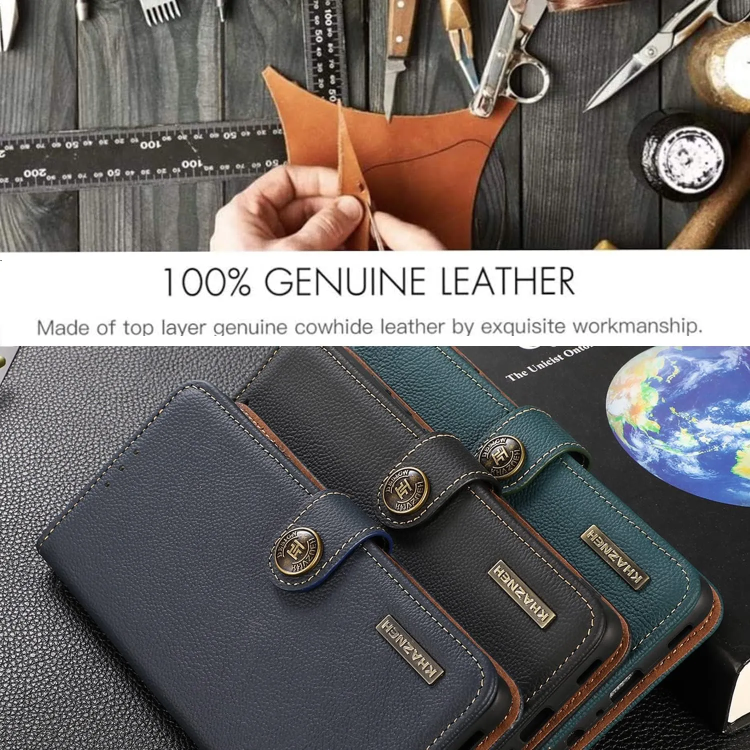 for iPhone 14 Pro Wallet Case，Cowhide Genuine Leather Folio Flip Cover with RFID Credit Card Holder Cash Holder Magnetic Closure Anti-Fall Shockproof TPU Kickstand Black