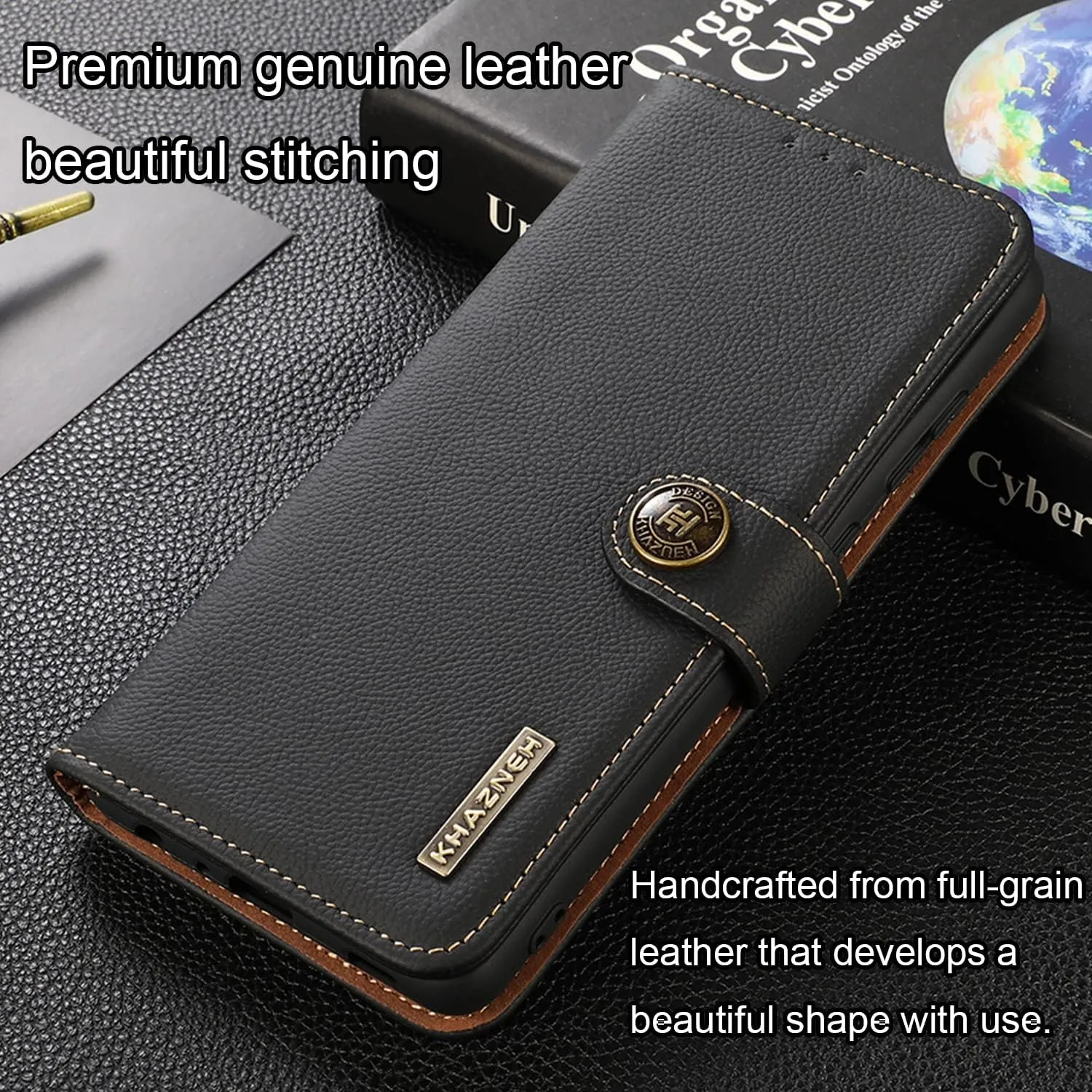 for iPhone 14 Pro Wallet Case，Cowhide Genuine Leather Folio Flip Cover with RFID Credit Card Holder Cash Holder Magnetic Closure Anti-Fall Shockproof TPU Kickstand Black