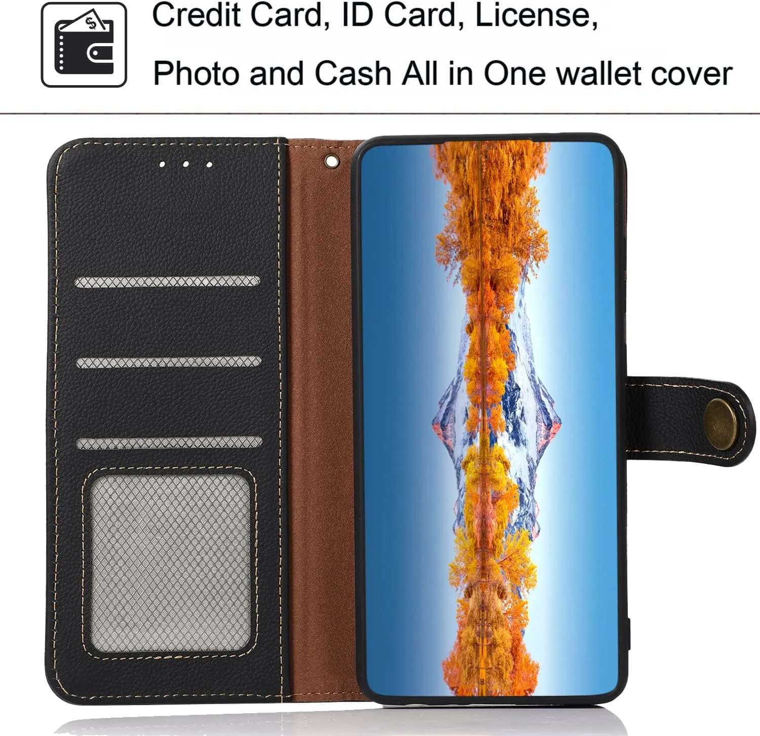 for iPhone 14 Pro Wallet Case，Cowhide Genuine Leather Folio Flip Cover with RFID Credit Card Holder Cash Holder Magnetic Closure Anti-Fall Shockproof TPU Kickstand Black