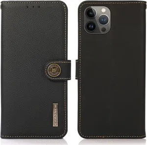 for iPhone 14 Pro Wallet Case，Cowhide Genuine Leather Folio Flip Cover with RFID Credit Card Holder Cash Holder Magnetic Closure Anti-Fall Shockproof TPU Kickstand Black