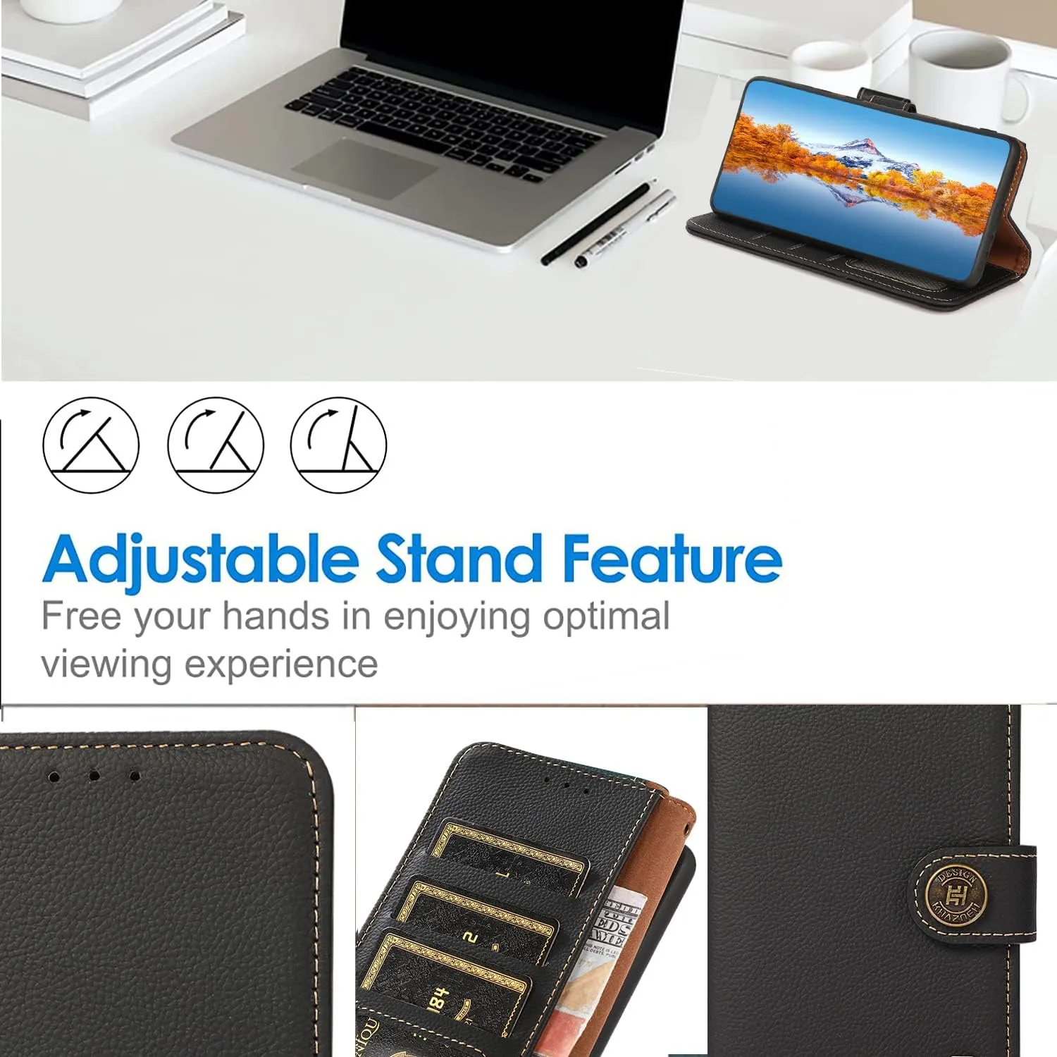 for iPhone 14 Pro Wallet Case，Cowhide Genuine Leather Folio Flip Cover with RFID Credit Card Holder Cash Holder Magnetic Closure Anti-Fall Shockproof TPU Kickstand Black